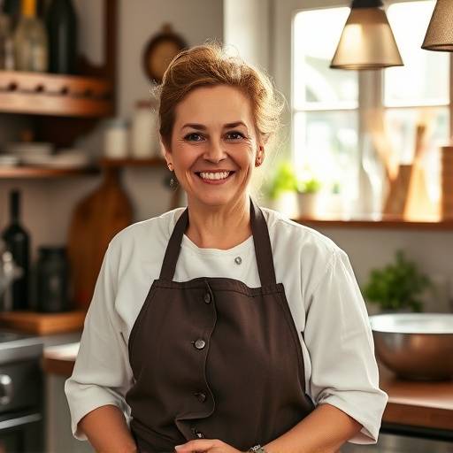 Chef Sofia Rossi, owner of Trattoria del Sole, smiling in the kitchen