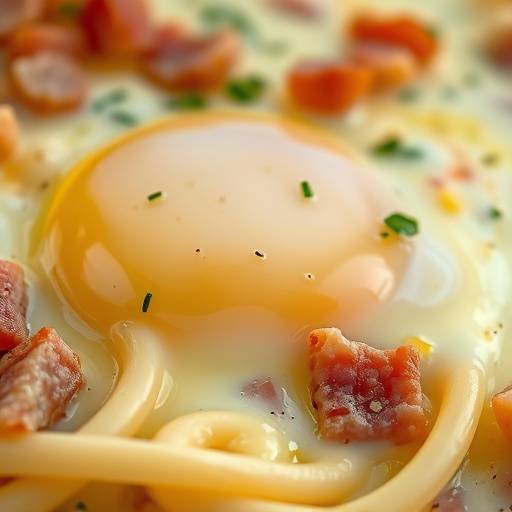 Close-up of creamy Carbonara pasta with pancetta and egg yolk