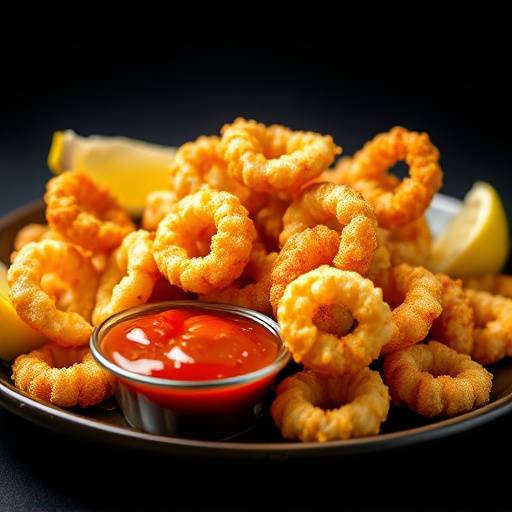 Fried calamari with lemon wedges and marinara sauce