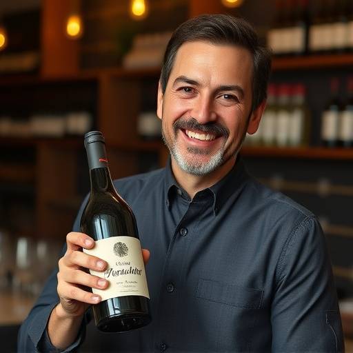 Giovanni Esposito, the sommelier, smiling and holding a bottle of wine