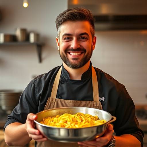 Marco Bellini, the sous chef, smiling and holding a pan of pasta