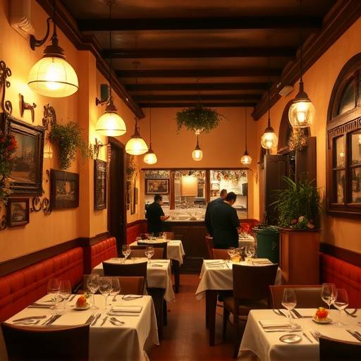Warm and inviting interior of Trattoria del Sole, showcasing tables set for dining and a bustling atmosphere